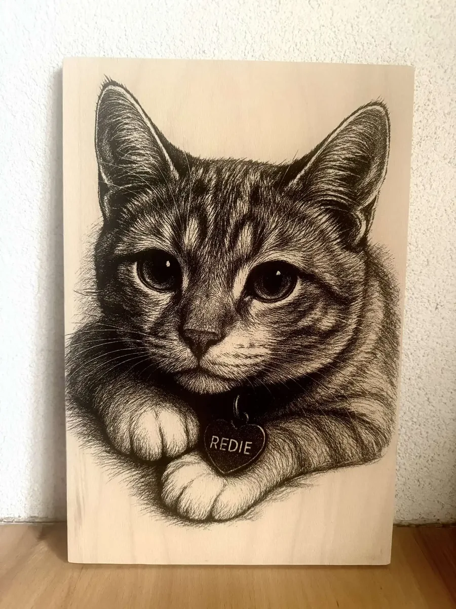Mačička Redie – pyrografické dielo vypálené do dreva